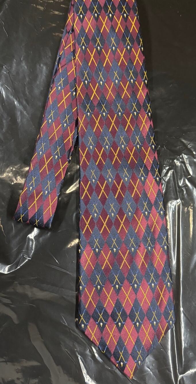 Lands End Burgundy Navy Silk Argyle Golf Clubs Necktie Handsewn USA